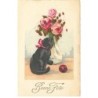 n°24747 - Bonne Fête - Chat noir regardant une balle, près de roses dans un vase