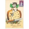 n°24748 - Edmond Sornein - Bonne Année - Chat regardant une souris dans un trou de fromage - Vignette Propreté
