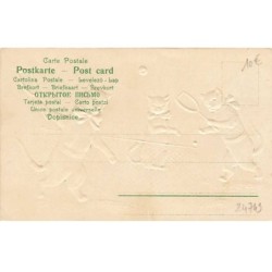 n°24749 - Carte Gaufrée - Chat - Chats Humanisés faisant une partie de tennis