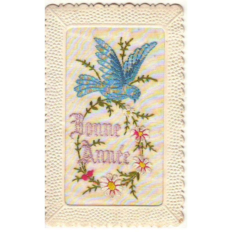 n°24751 - Carte Brodée - Bonne Année - Oiseau portant une couronne de fleurs