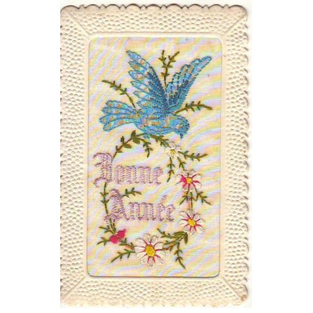 n°24751 - Carte Brodée - Bonne Année - Oiseau portant une couronne de fleurs