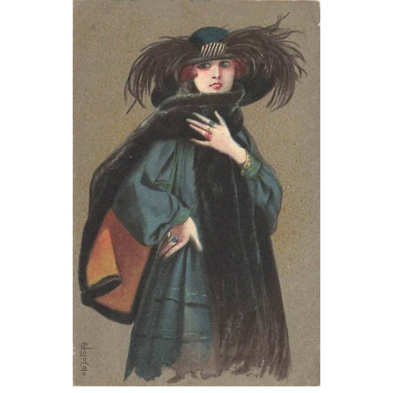 n°24757 - Illustrateur - E. Colombo - Jeune femme portant un chapeau à plumes, et une écharpe en fourrure
