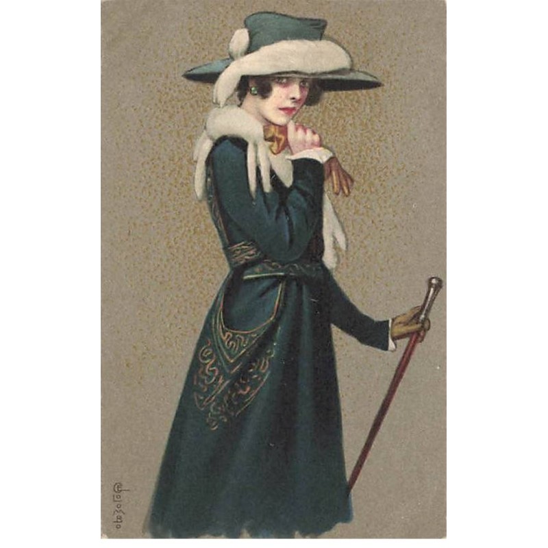 n°24758 - Illustrateur - E. Colombo - Jeune femme portant un chapeau avec de la fourrure, et tenant une canne