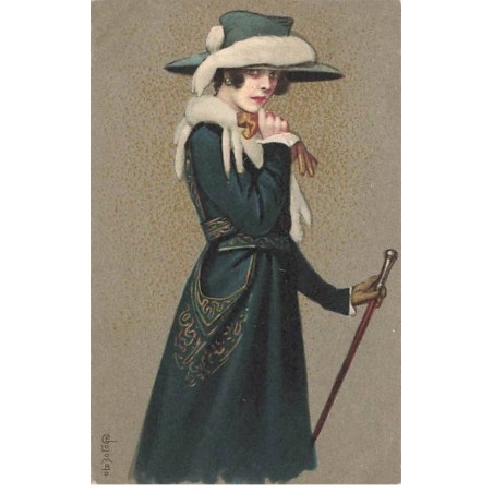 n°24758 - Illustrateur - E. Colombo - Jeune femme portant un chapeau avec de la fourrure, et tenant une canne