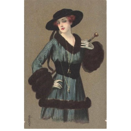 n°24760 - Illustrateur - E. Colombo - Jeune femme portant une robe avec de la fourrure