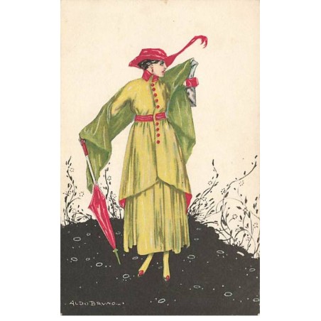 n°24761 - Illustrateur - Aldo Bruno - Jeune femme portant une robe verte, un chapeau et un parapluie rouge