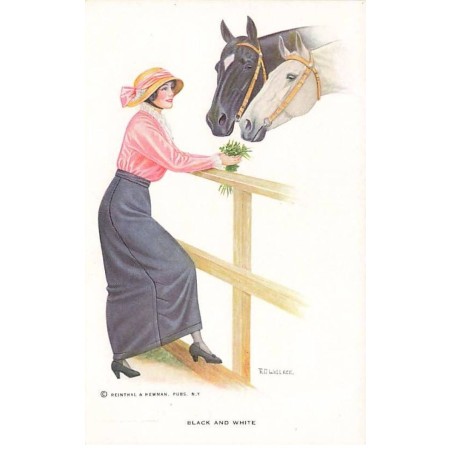 n°24764 - Illustrateur - R.O. Wallace - Black and White - Jeune femme nourrissant des chevaux