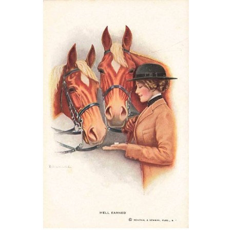 n°24765 - Illustrateur - R.O. Wallace - Well Earned - Jeune femme donnant une friandise à des chevaux