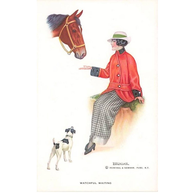 n°24766 - Illustrateur - R.O. Wallace - Watchful Waiting - Jeune femme donnant une friandise à un cheval avec un chien