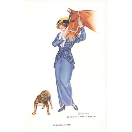n°24768 - Illustrateur - R.O. Wallace - Trouble Ahead- Jeune femme câlinant un cheval sous le regard d'un bouledogue