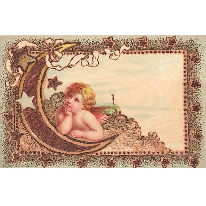 n°24775 - Fantaisie Imitation Bois - Ange appuyé contre un croissant de lune rêvassant