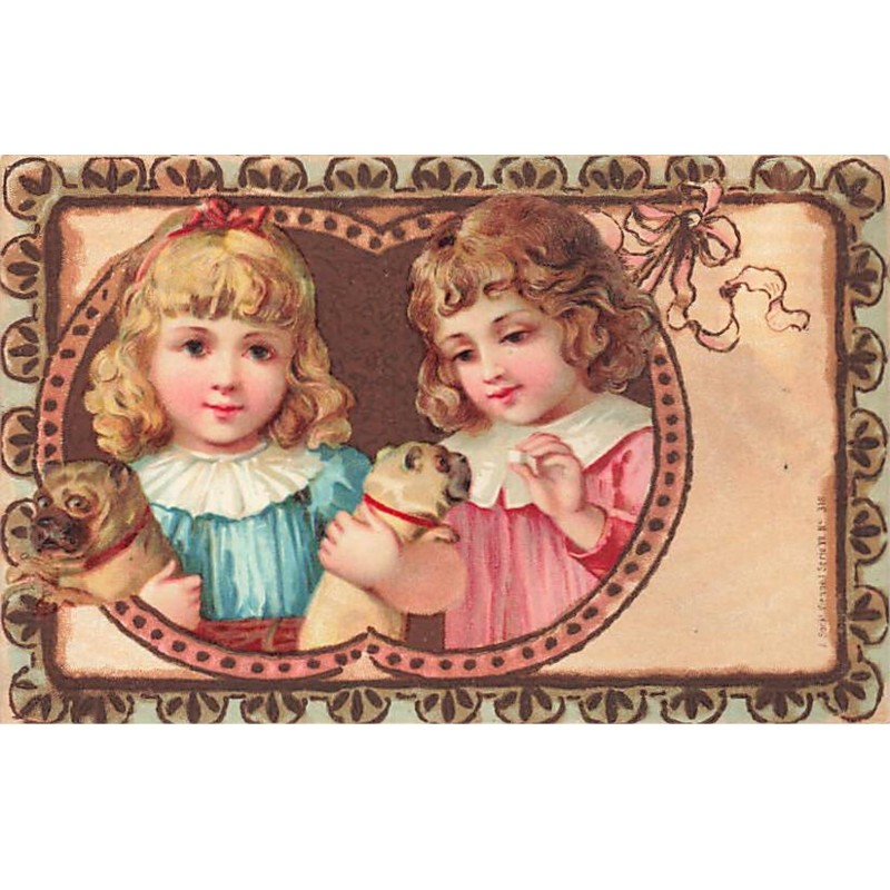 n°24777 - Fantaisie Imitation Bois - Deux fillettes câlinant des chiots - Bouledogues