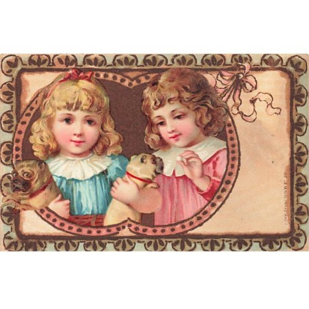 n°24777 - Fantaisie Imitation Bois - Deux fillettes câlinant des chiots - Bouledogues