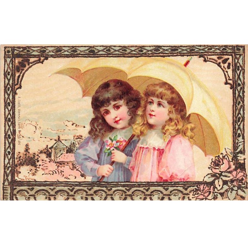 n°24778 - Fantaisie Imitation Bois - Deux fillettes se promenant sous une ombrelle