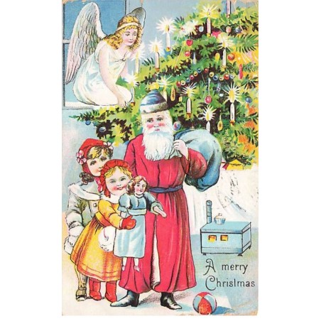 n°24783 - Carte Gaufrée - A Merry Christmas - Ange regardant le Père Noël - Poupée