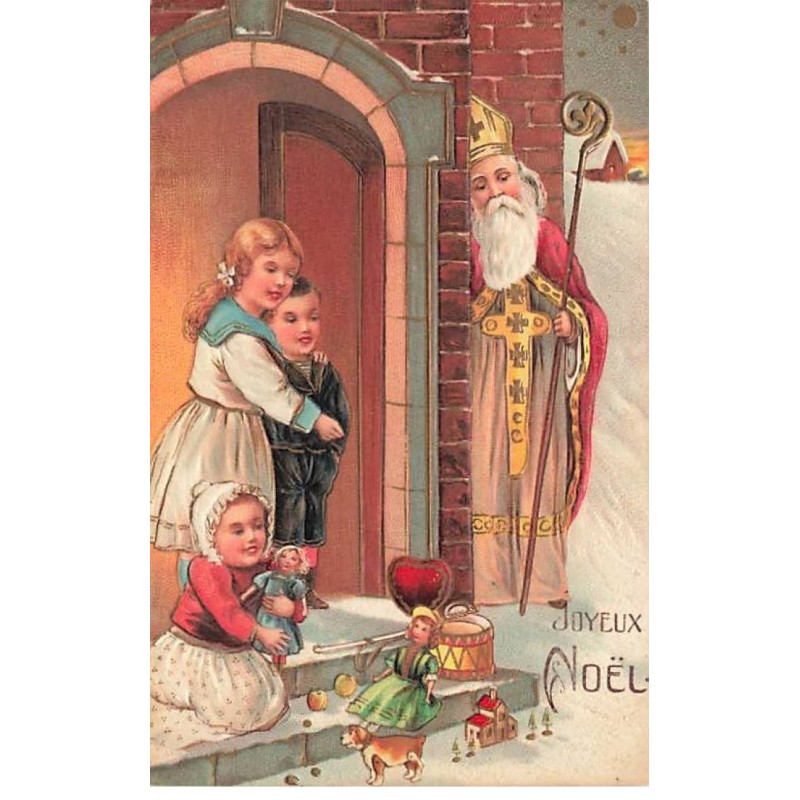 n°24784 - Carte Gaufrée - Joyeux Noël - Enfants découvrant les jouets, sous le regard de Saint-Nicolas