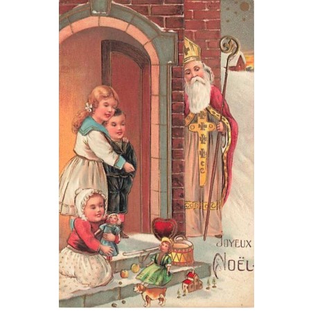 n°24784 - Carte Gaufrée - Joyeux Noël - Enfants découvrant les jouets, sous le regard de Saint-Nicolas