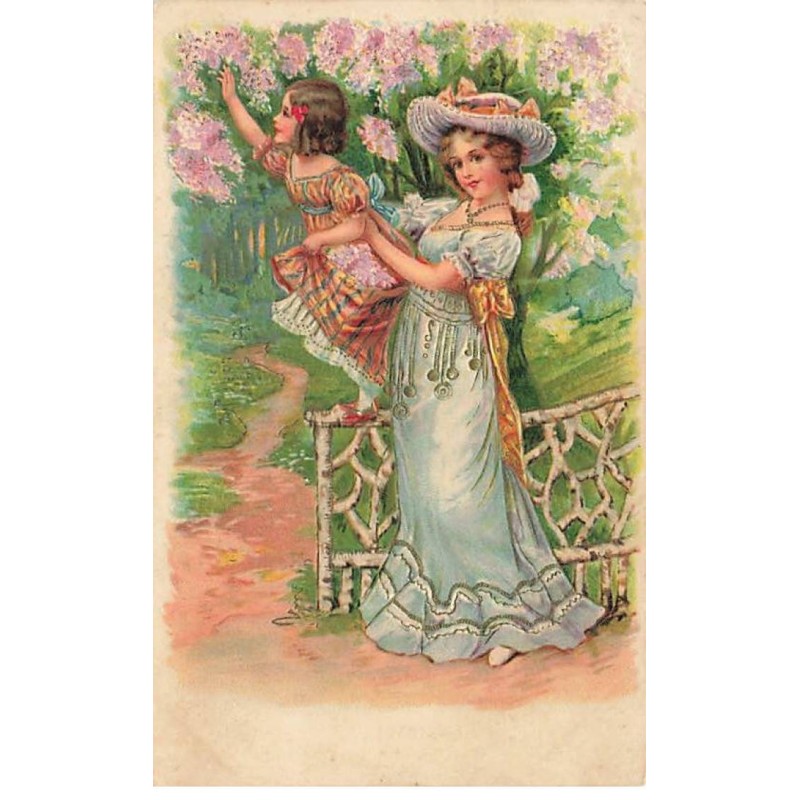 n°24785 - Carte Gaufrée - Fantaisie - Jeune femme portant une fillette cueillant du lilas