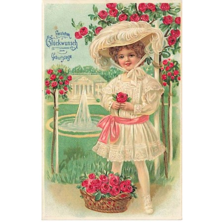 n°24787 - Carte Gaufrée - Herzlichen Glückwunsch zum Geburtstage - Fillette cueillant des roses