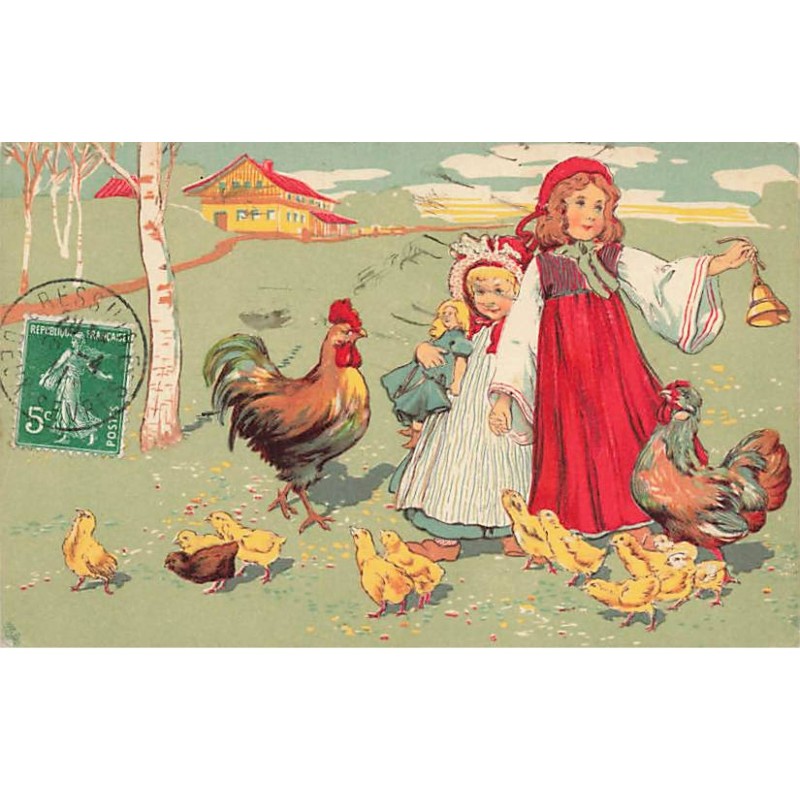 n°24790 - Fantaisie - Fillettes, l'une avec une poupée, au milieu d'un coq, d'une poule et de poussins