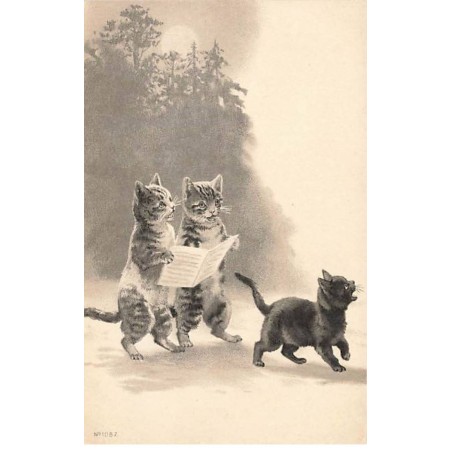 n°24792 - Carte Gaufrée - Chats - Un chat noir se promenant, deux autres chantant