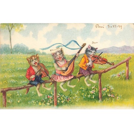 n°24793 - Trois chats habillés jouant de la musique assis sur une barrière - Style Ohler