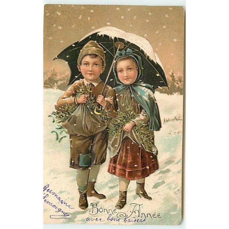 n°11839 - Carte Gaufrée - Bonne Année - Enfants sous un parapluie