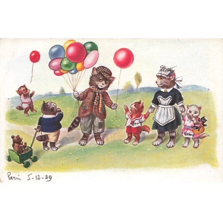 n°24796 - Chats habillés, l'un donnant des ballons à des chatons