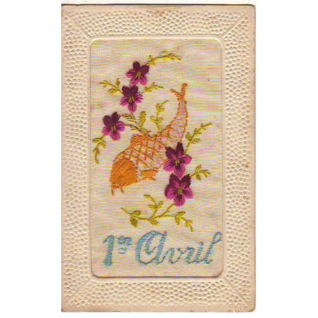 n°24801 - Carte Brodée - 1er Avril - Poisson et Violettes