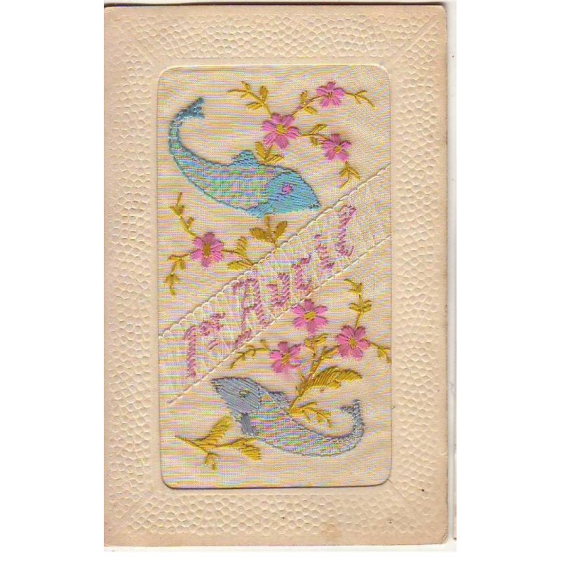 n°24802 - Carte Brodée - 1er Avril - Poissons et Fleurs