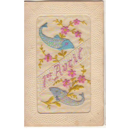 n°24802 - Carte Brodée - 1er Avril - Poissons et Fleurs