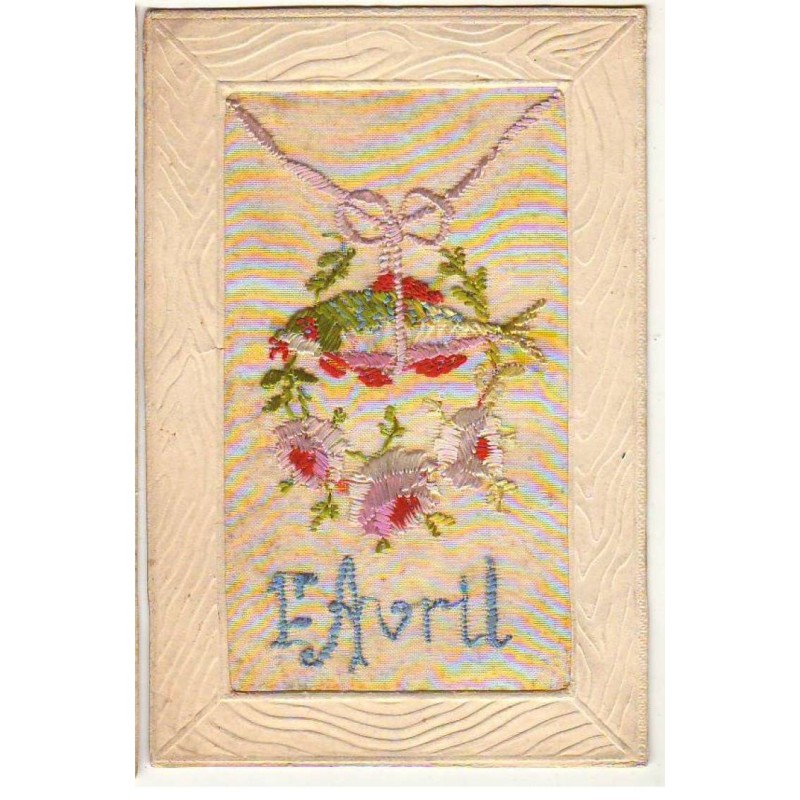 n°24803 - Carte Brodée - 1er Avril - Couronne de fleurs