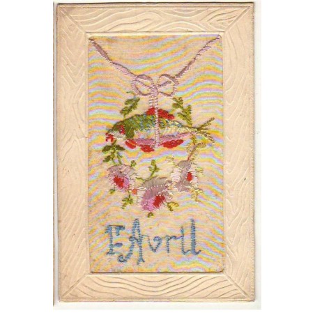 n°24803 - Carte Brodée - 1er Avril - Couronne de fleurs