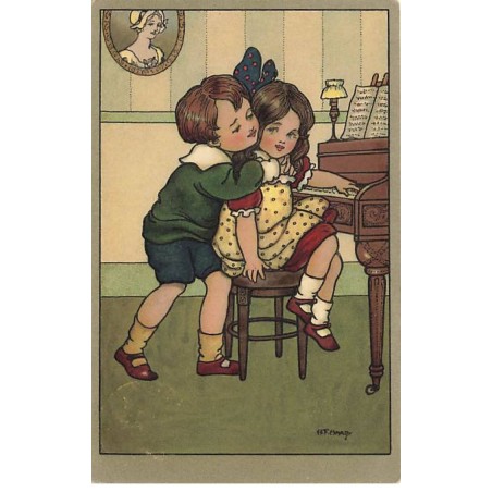 n°24807 - Illustrateur Florence Hardy - Garçon câlinant une fillette jouant du piano