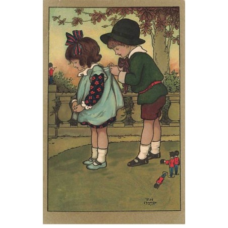 n°24808 - Illustrateur Florence Hardy - Garçon attachant la blouse d'une fillette