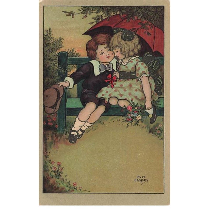 n°24809 - Illustrateur Florence Hardy - Garçon flirtant avec une fillette, assis sur un banc