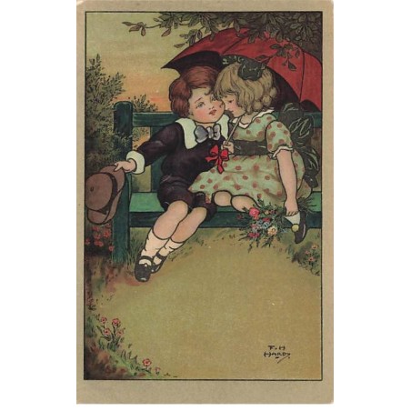 n°24809 - Illustrateur Florence Hardy - Garçon flirtant avec une fillette, assis sur un banc
