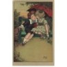n°24809 - Illustrateur Florence Hardy - Garçon flirtant avec une fillette, assis sur un banc