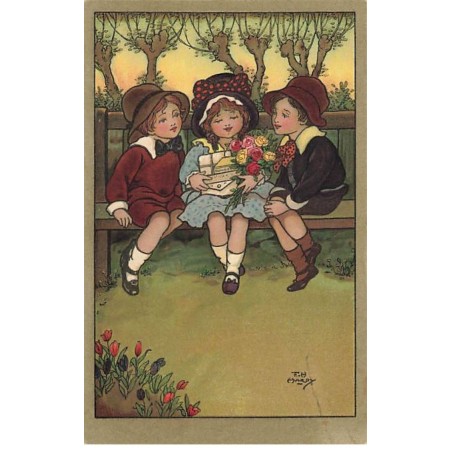 n°24810 - Illustrateur Florence Hardy - Deux Garçons entourant une fillette, assis sur un banc