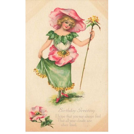 n°24815 - M Dulk - Birthday Greeting - Jeune Fille portant une robe faite de roses