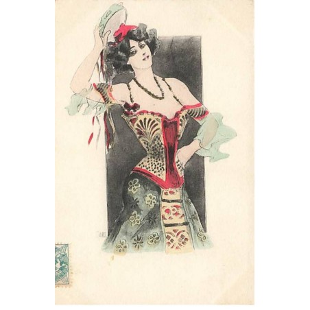n°24816 - Illustrateur Dam - Jeune femme portant un corset jouant avec un tambourin