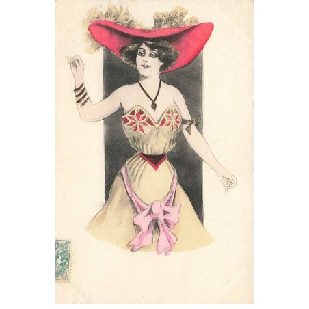 n°24817 - Illustrateur Dam - Jeune femme portant un corset et un grand chapeau rouge avec des plumes