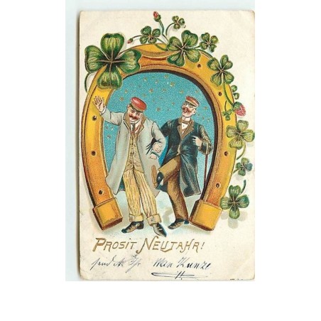 n°2482 - Carte Gaufrée - Prosit Neujahr - Hommes sous un fer à cheval