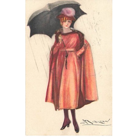 n°24820 - Illustrateur - L.A. Mauzan - Jeune femme se protégeant de la pluie sous un parapluie