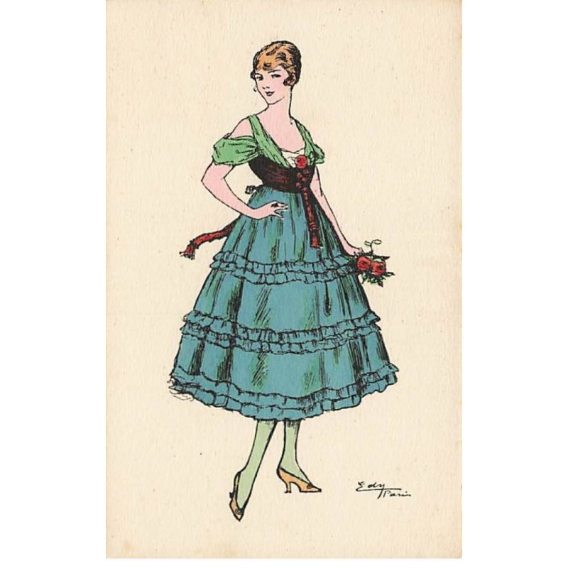 n°24821 - Illustrateur Edy - Jeune femme portant une robe avec une jupe bleue, et tenant des roses