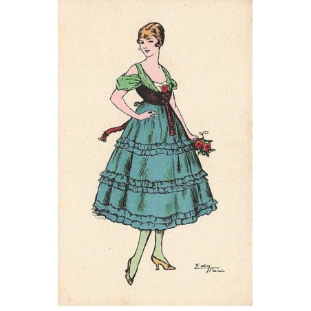 n°24821 - Illustrateur Edy - Jeune femme portant une robe avec une jupe bleue, et tenant des roses