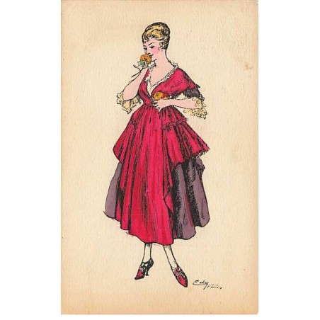 n°24822 - Illustrateur Edy - Jeune femme portant une robe rose, sentant une fleur