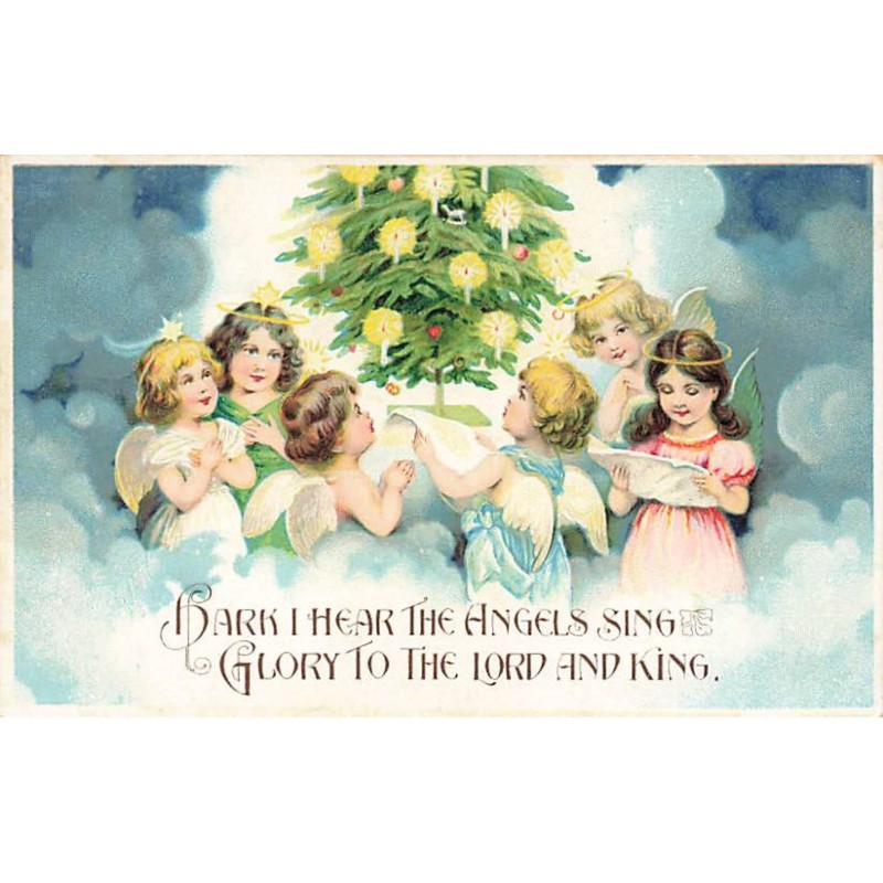 n°24824 - Noël - Glory ti the Lors and King - Anges chantant autour d'un sapin décoré