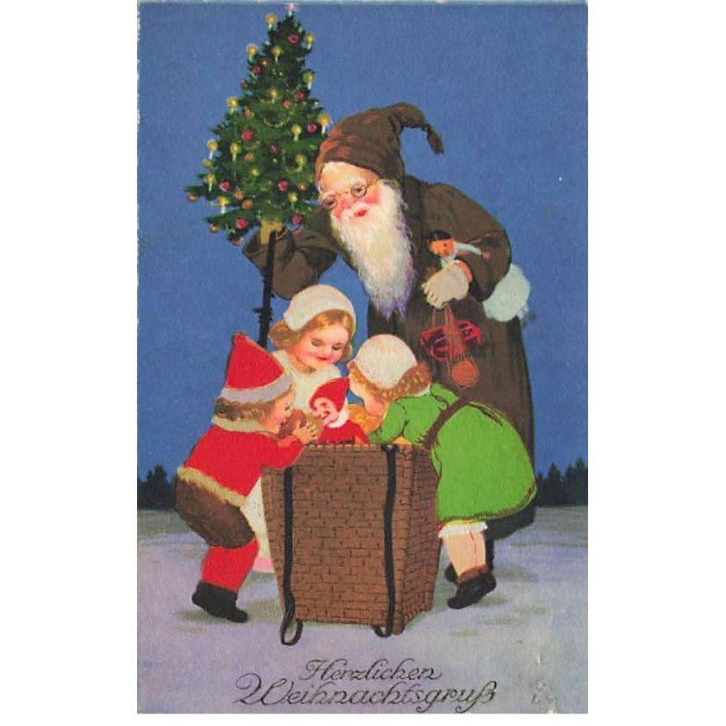 n°24827 - Flatscher - Herzliche Weihnachtsgrüsse - Père Noël regardant des enfants fouillant dans sa hotte