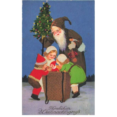 n°24827 - Flatscher - Herzliche Weihnachtsgrüsse - Père Noël regardant des enfants fouillant dans sa hotte